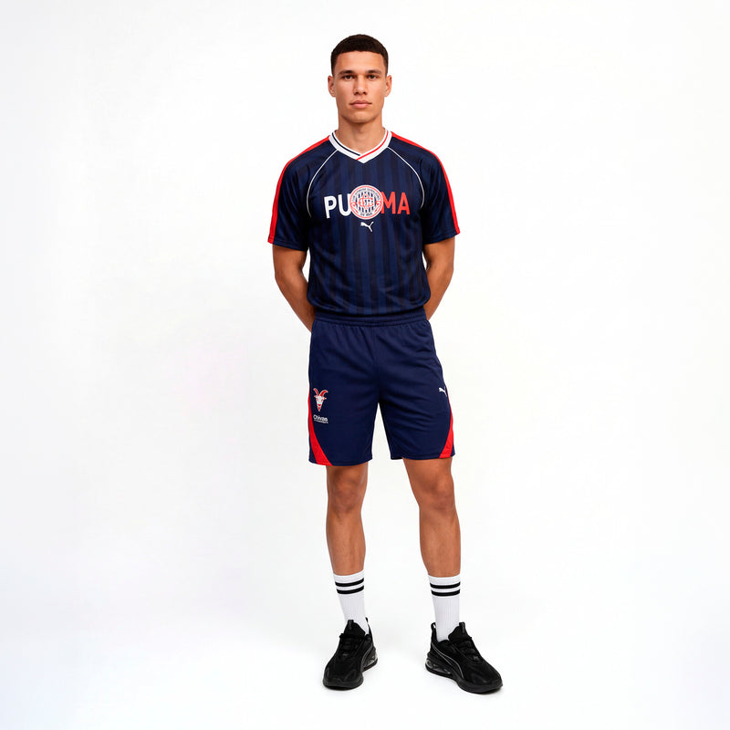 Men's navy jersey and shorts set, V-neck with red/white trim and crest logo
