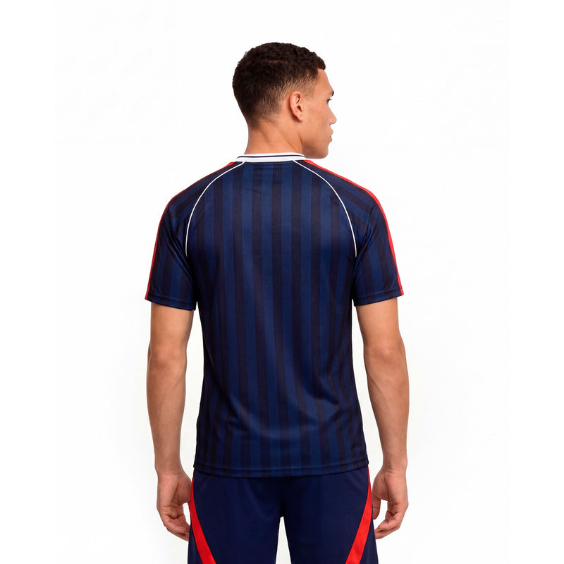 Men's navy jacquard soccer jersey, back view with vertical stripe pattern and collar trim