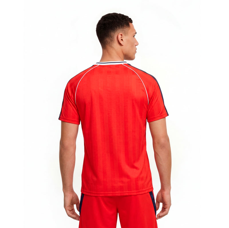 Men's red soccer jersey back with V-neck and white piping detail.
