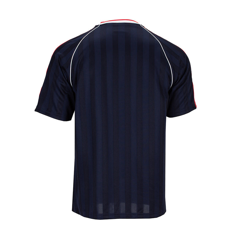 Men's navy soccer jersey back with vertical stripe jacquard texture and red/white collar trim