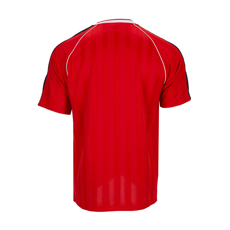 Men's red soccer jersey back with white piping along shoulders and collar.