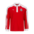 Men's red rugby long-sleeve polo tee with white collar placket and Puma logo