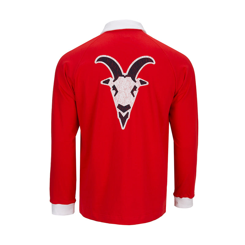 Men's red rugby long-sleeve tee with white back stripe and large crest graphic