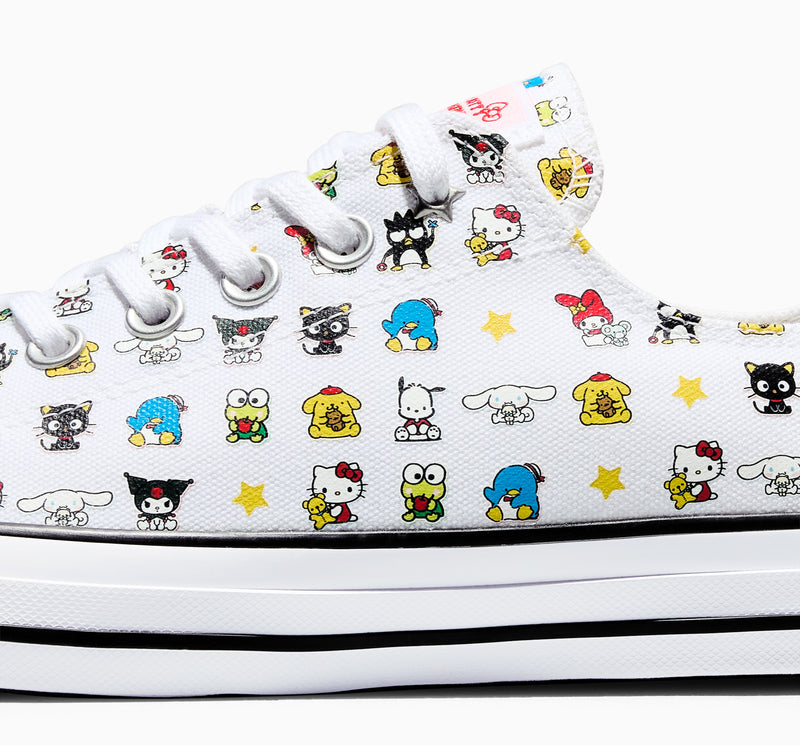 Youth low-top canvas sneakers, white with colorful character print and lace-up eyelets