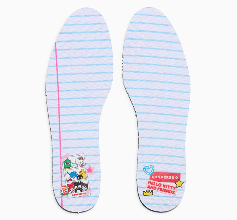 Shoe insoles with light blue stripes and a character logo on the heel