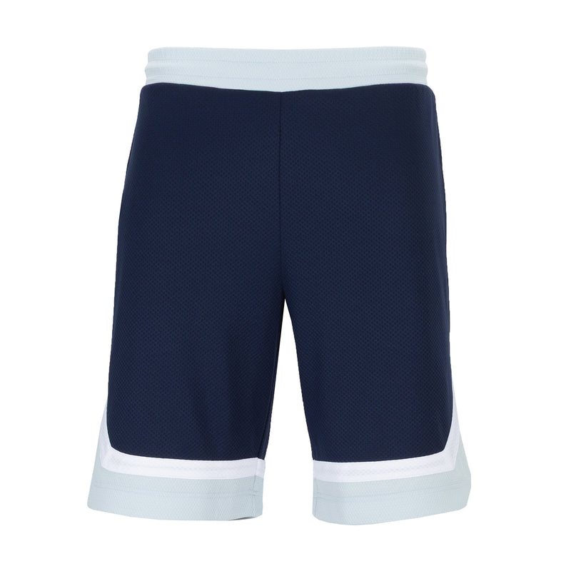 Men's navy basketball shorts with white waistband and side panels