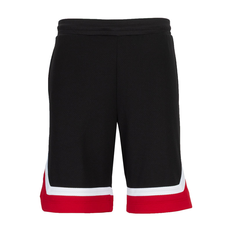 Men's black basketball shorts with red-and-white hem trim, drawstring waist, mesh texture