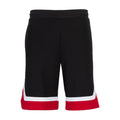 Men's black basketball shorts with red-and-white hem trim, drawstring waist, mesh texture