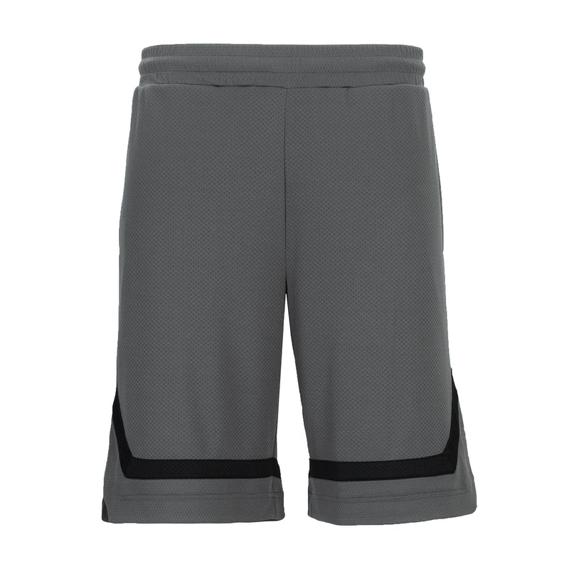 Men's basketball shorts in castlerock gray with black side panels and elastic waistband