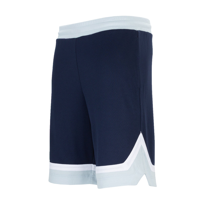 Men's navy basketball shorts with white side panel and hem trim