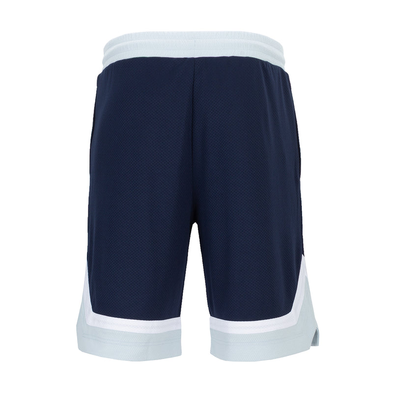 Men's navy basketball shorts with white waistband and contrasting side stripe