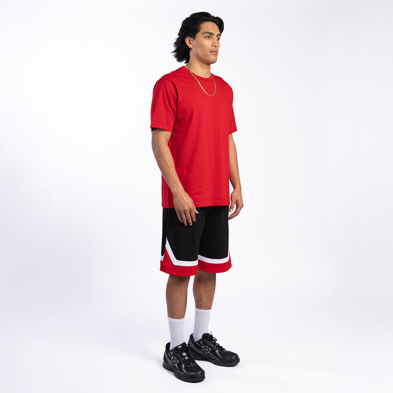 Men's black basketball shorts with red-and-white trim, relaxed fit