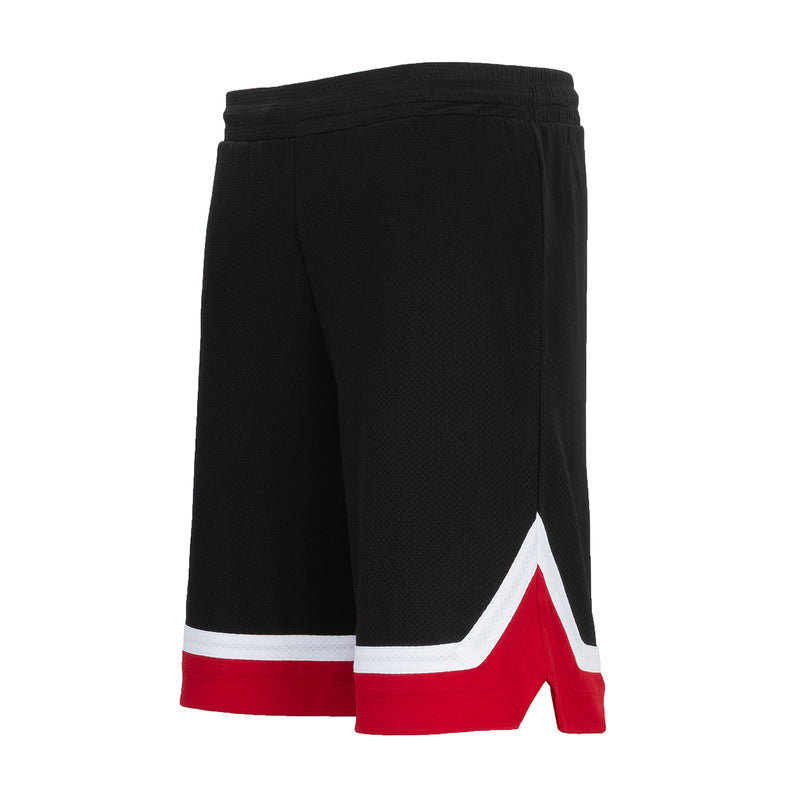 Black basketball shorts with red-and-white side panel detail, hem split