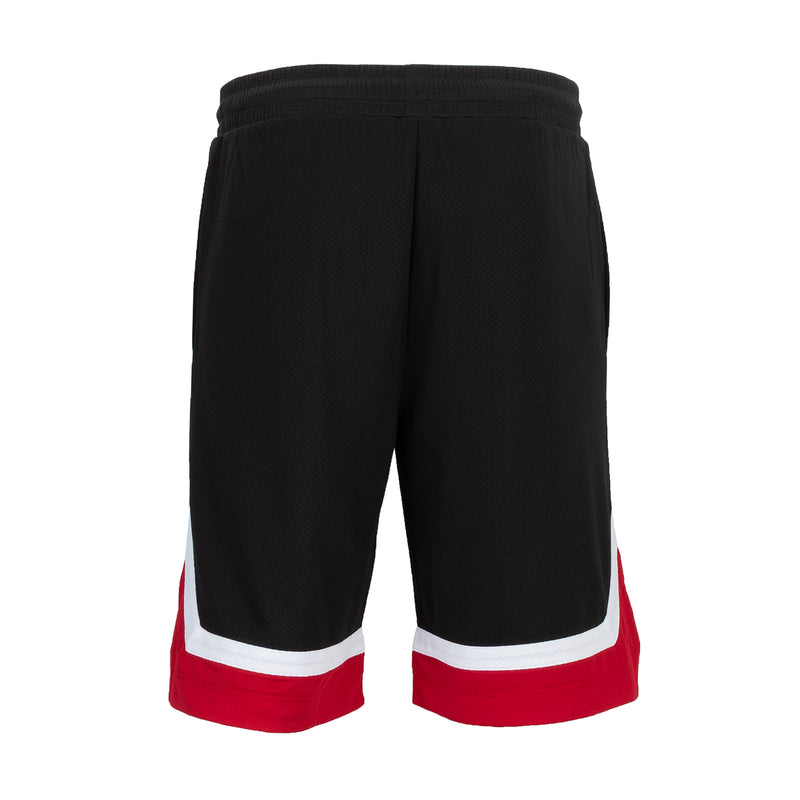 Black basketball shorts with red-and-white hem stripe, elastic waistband