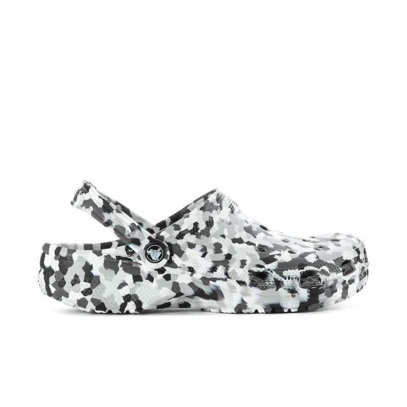 Men's classic clog in black-and-white confetti animal print, slip-on with round toe.