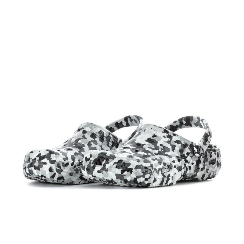Men's classic clog in black-and-white confetti animal print, low-profile slip-on.