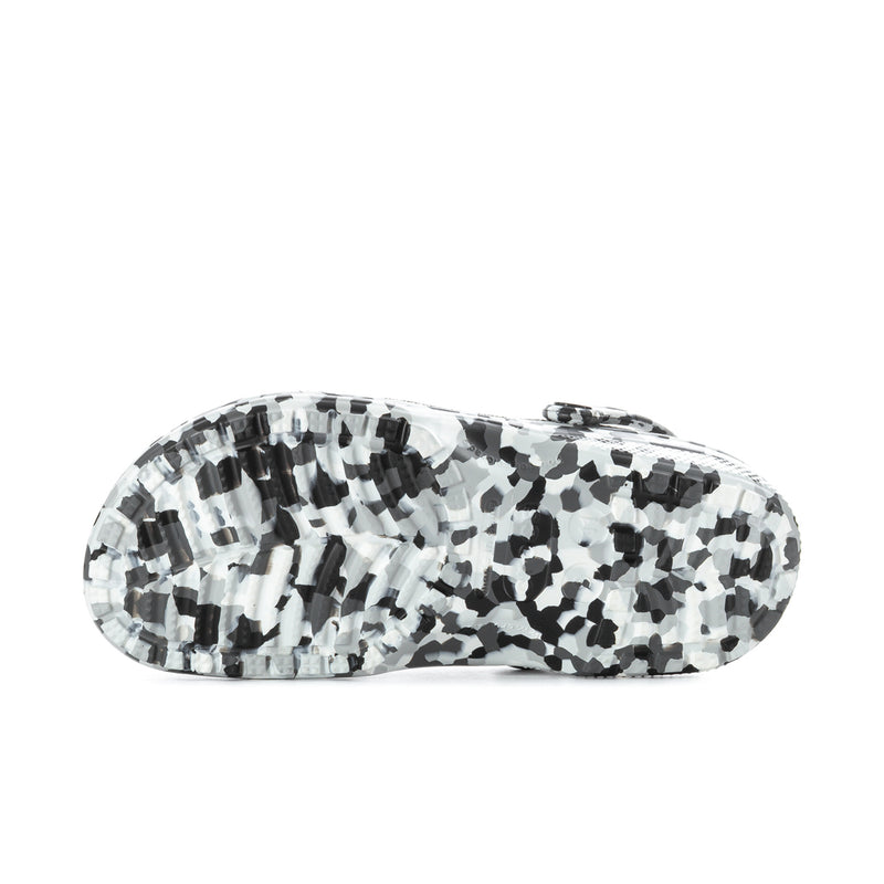 Men's classic clog with black-and-white confetti animal print outsole and tread.