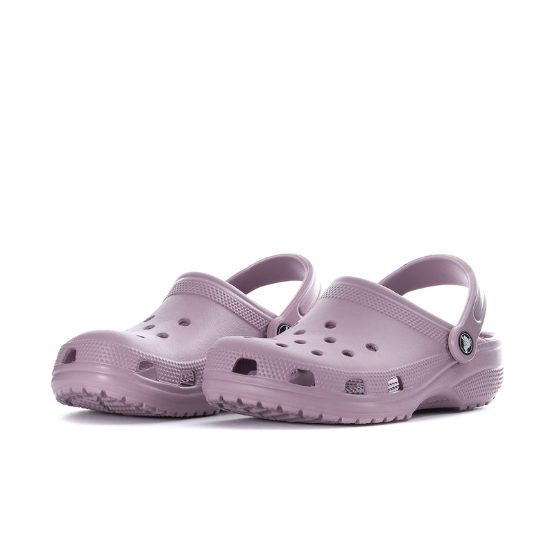 Women's dusty lilac clog, side-by-side view, perforated upper and heel strap