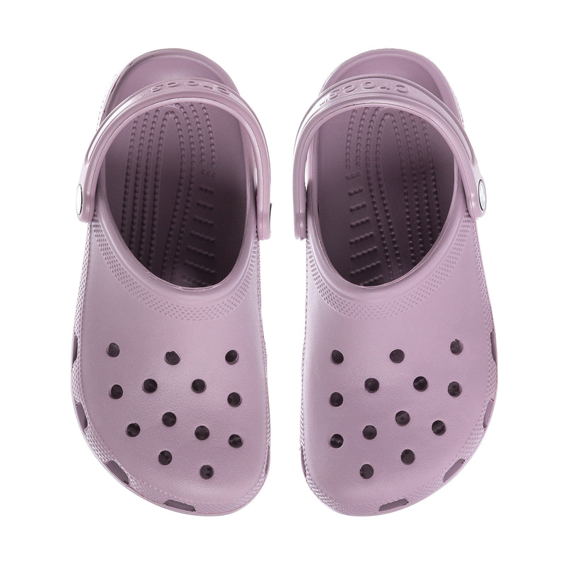 Women's dusty lilac clogs with vented toe holes and dark footbed