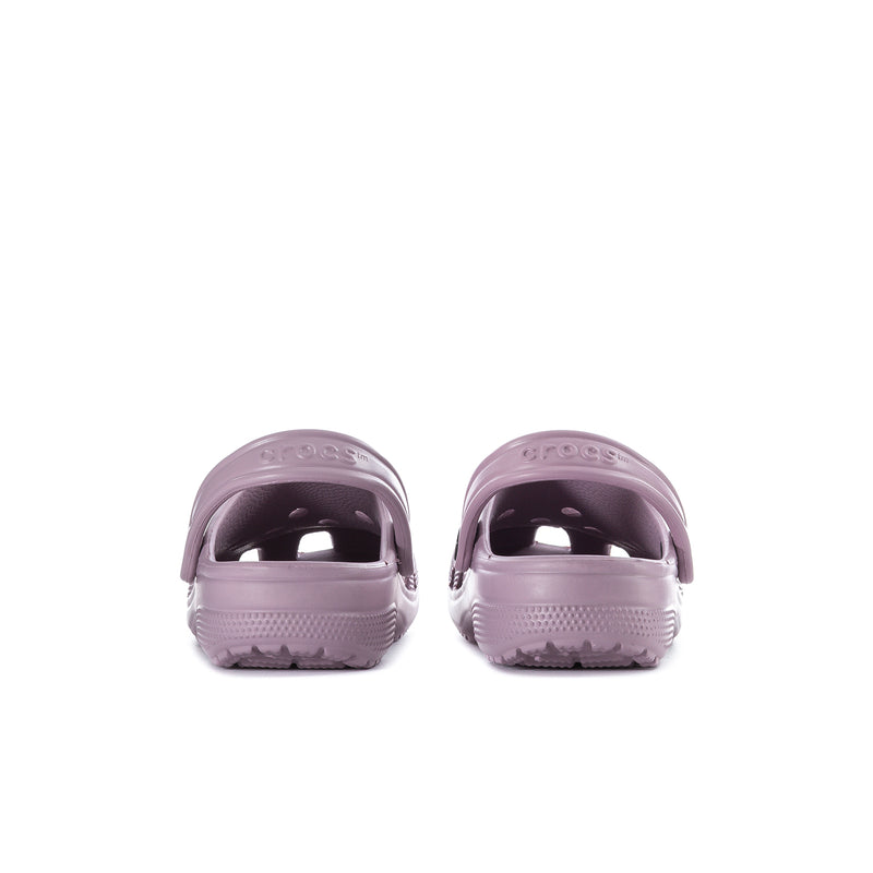 Women's dusty lilac clogs, rear view with heel strap and cushioned back