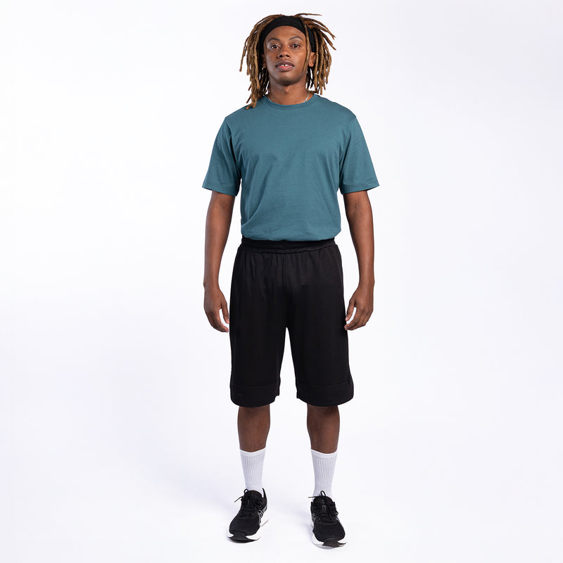 Men's teal crew-neck short-sleeve tee worn on model with black shorts