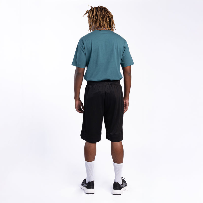 Men's teal crew-neck short-sleeve tee, back view on model