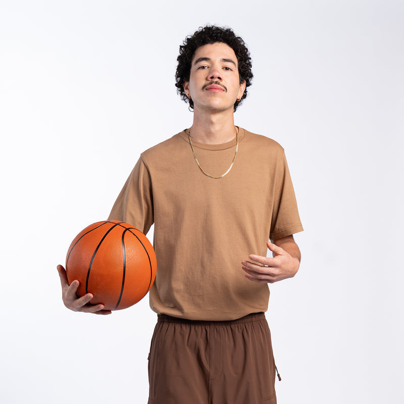 Mens crew-neck t-shirt in toasted coconut brown, front torso view