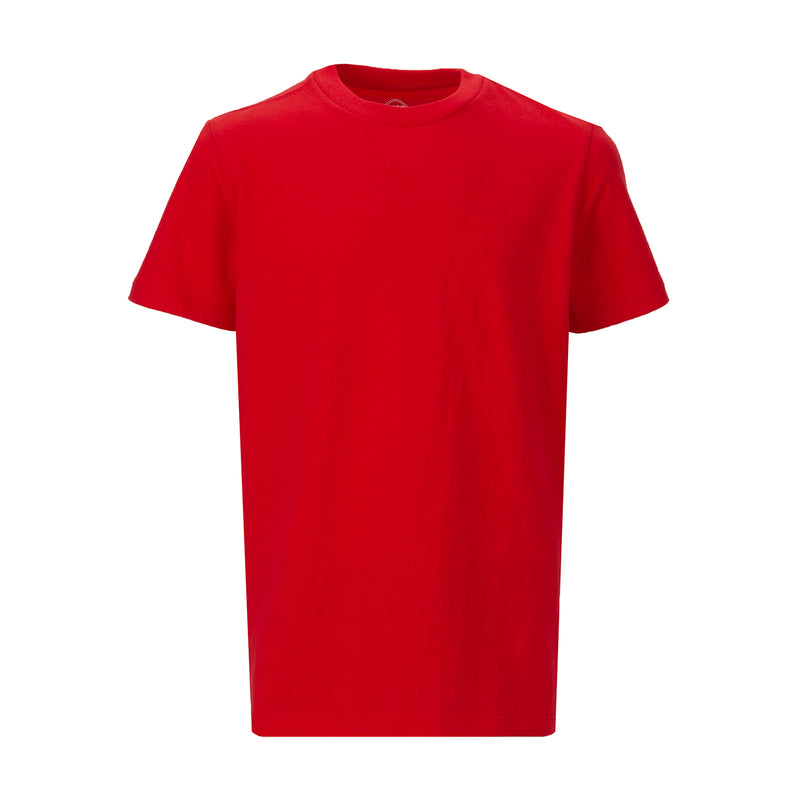 Youth crew-neck T-shirt in racing red, short sleeves, front view