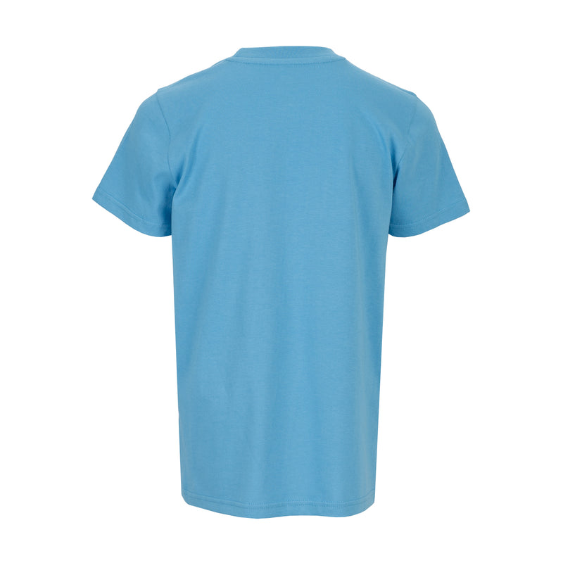 Light blue youth crew-neck T-shirt, back view, short sleeves
