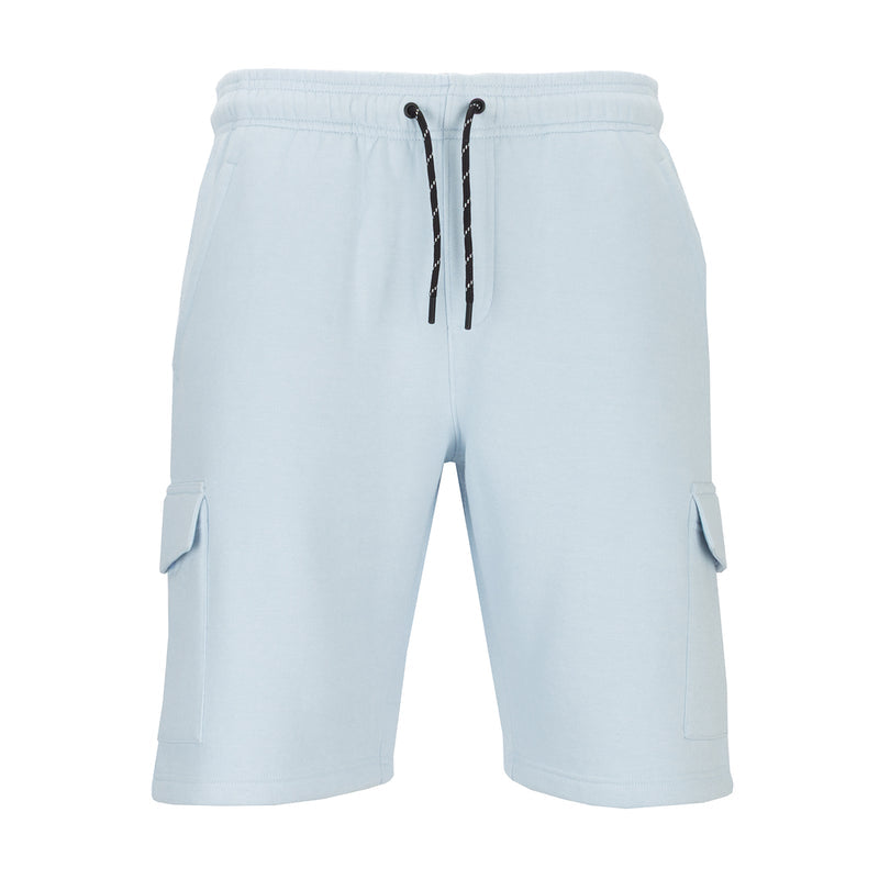Men's light blue fleece cargo shorts with drawstring waist and cargo pockets