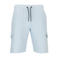Men's light blue fleece cargo shorts with drawstring waist and cargo pockets