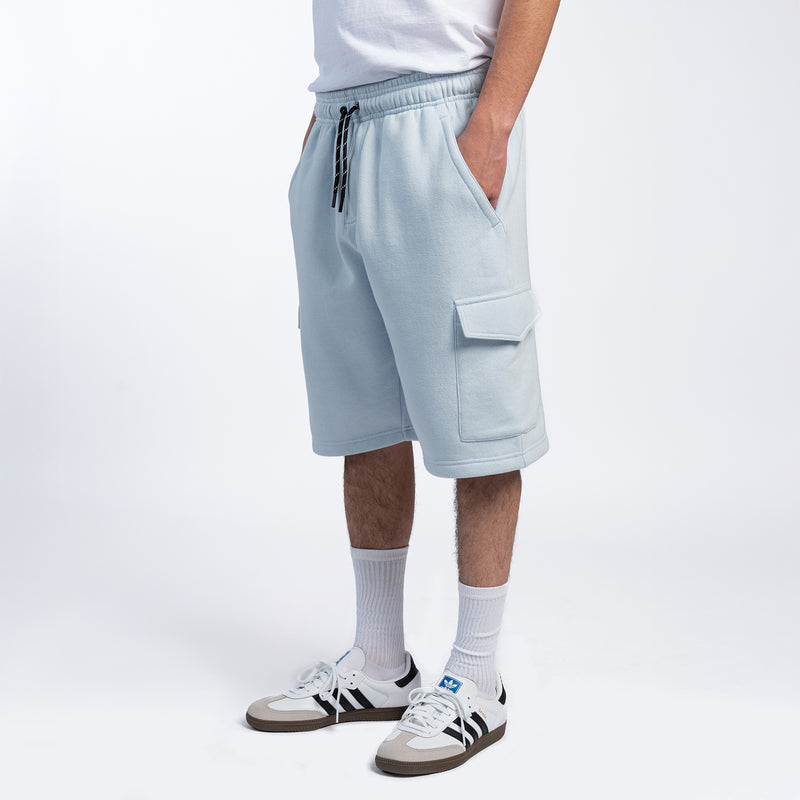 Men's light blue fleece cargo shorts with flap cargo pocket on the side