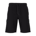 Men's black fleece cargo shorts with drawstring waist and side cargo pockets