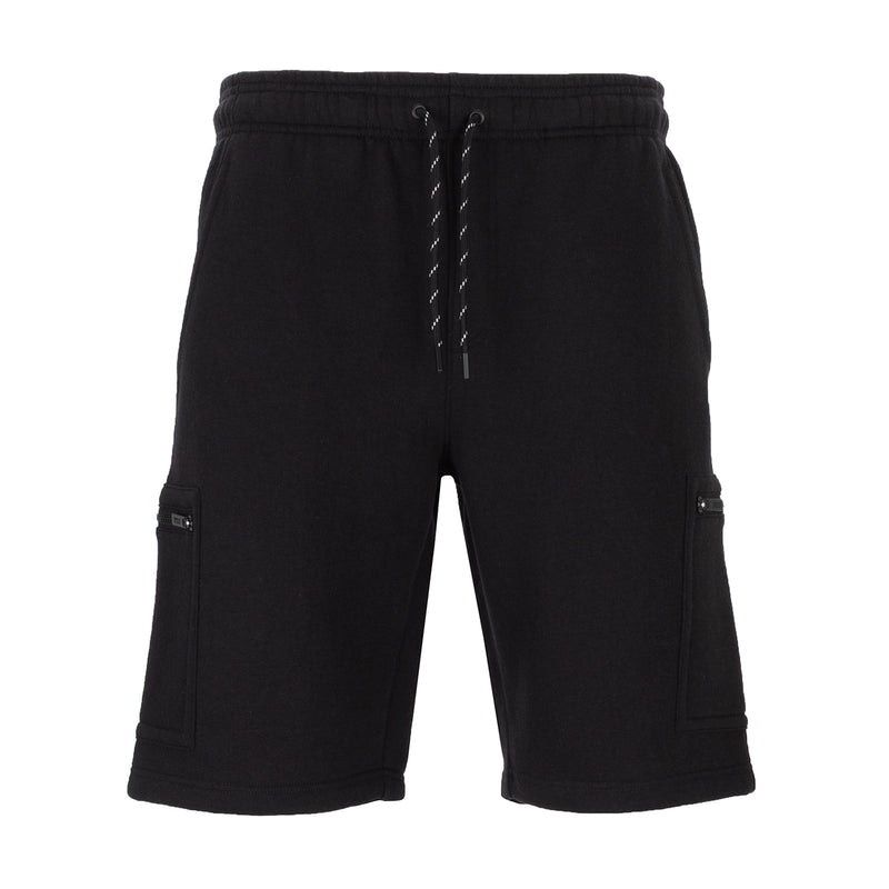 Men's black fleece cargo shorts with drawstring waist and side cargo pockets