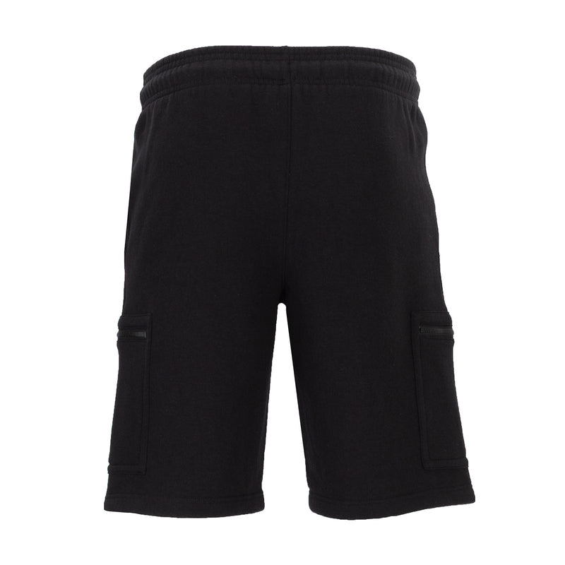 Men's black fleece cargo shorts with back cargo pocket detail