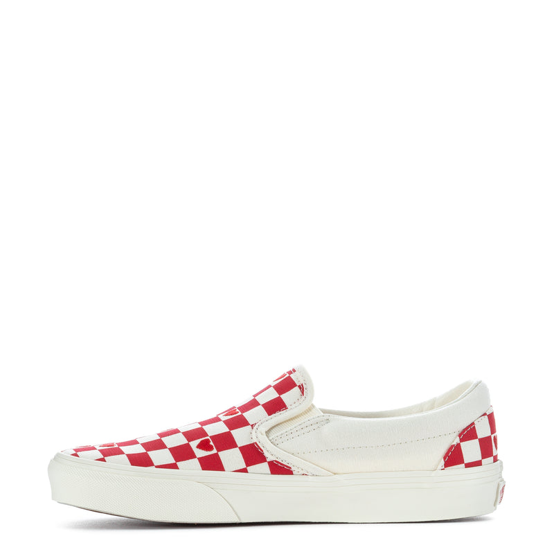 Red and white checkered slip-on sneakers, side view with elastic collar