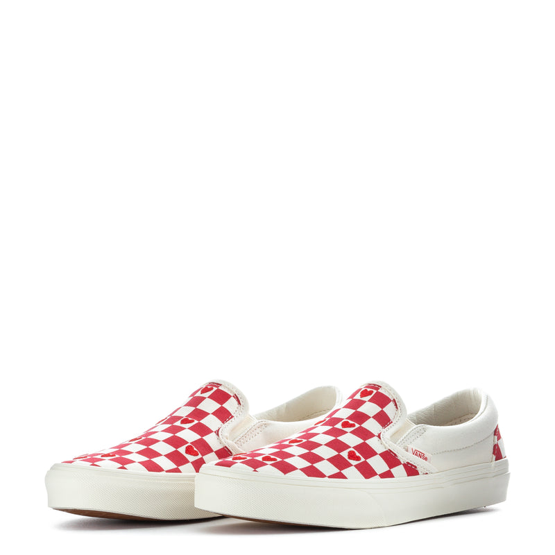 Red and white checkered slip-on sneakers, front angle with white sole