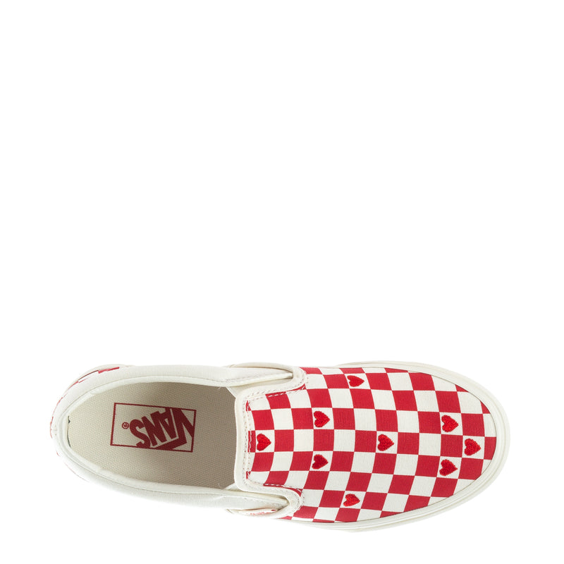 Red and white checkered slip-on sneakers with white interior and logo tag