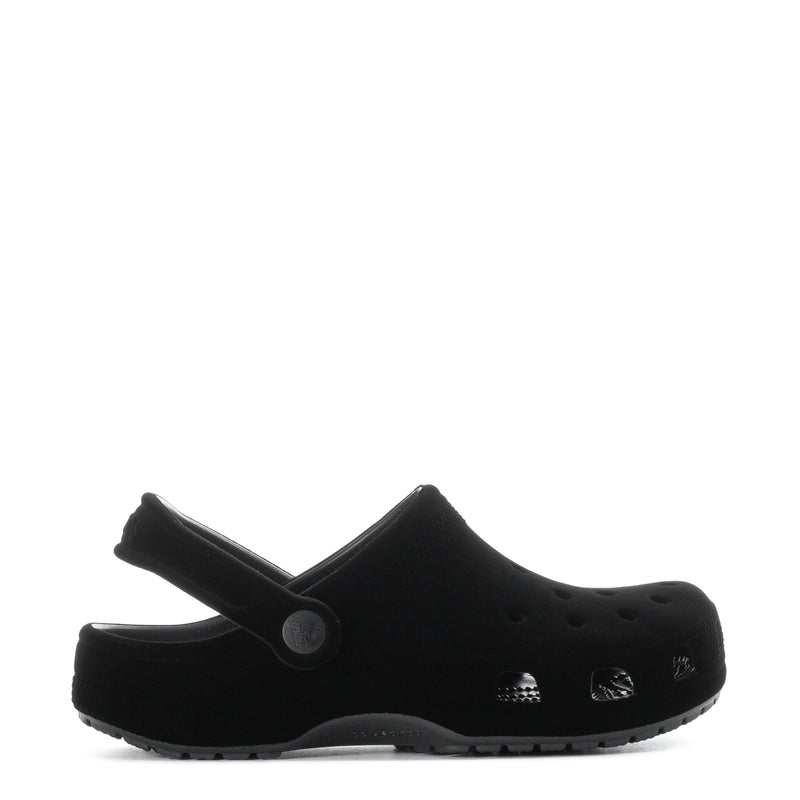 Youth black velvet clog with strap, perforations, and chunky tread