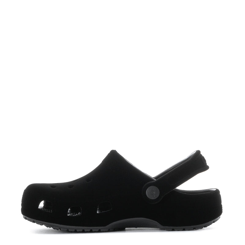 Youth black velvet clog with side strap and cutout ventilation holes