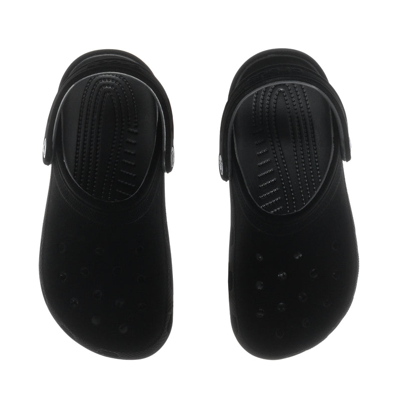 Youth black clogs back view with adjustable heel strap and embossed vents