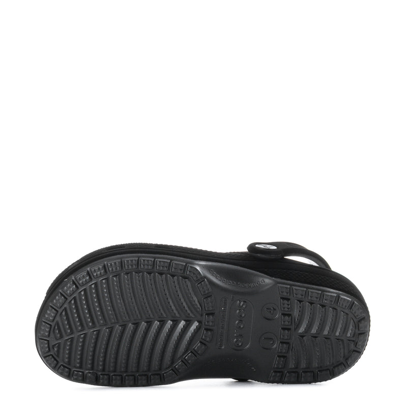 Youth black clog outsole with tread pattern and molded logo details