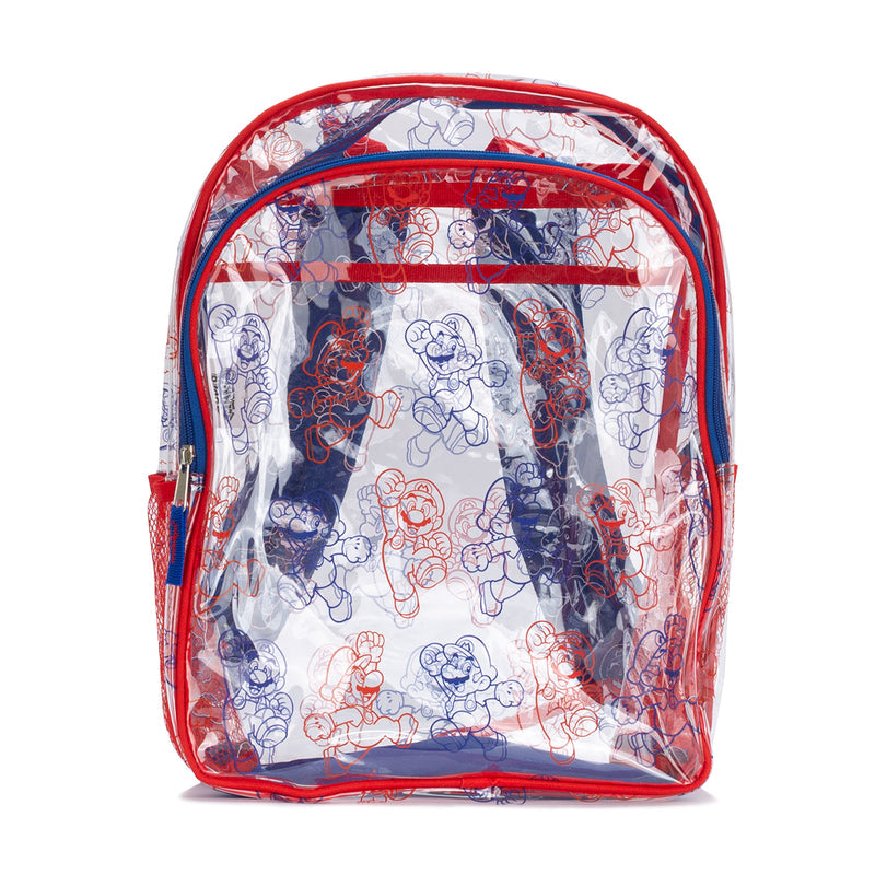 Clear red character-print backpack with top handle and zippered front