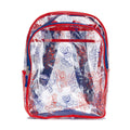 Clear red character-print backpack with top handle and zippered front