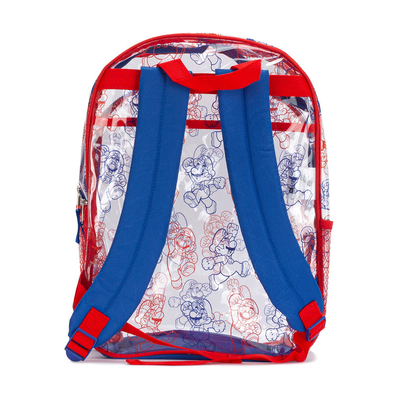 Clear red backpack with blue shoulder straps and cartoon character lining