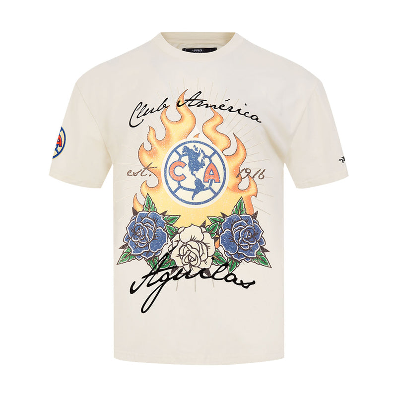 Men's eggshell crewneck tee with flaming globe and rose graphic