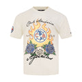 Men's eggshell crewneck tee with flaming globe and rose graphic
