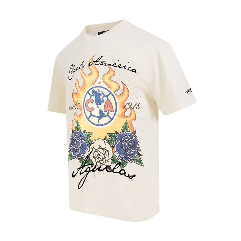 Men's eggshell crewneck tee with flaming globe and rose graphic