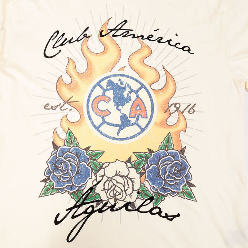 Men's eggshell graphic tee with flaming globe and blue rose artwork