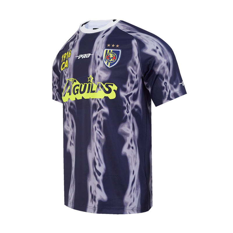 Men's navy poly tee front with flame-style pattern and 'Aguilas' team logo
